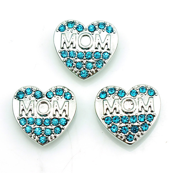 JINGLANG Fashion 18mm Snap Buttons Blue Rhinestone Heart Letter MOM Metal Clasps DIY Ginger Accessories Jewelry