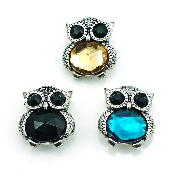 Fashion 18mm Snap Buttons 3 Color Plastic Crystal Owl Metal Ginger Clasps DIY Noosa Jewelry Accessories Free Shipping