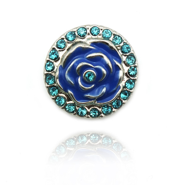 Fashion 18mm Snap Buttons Lake Blue Rhinestone Flower Metal Clasps Fit DIY Noosa Bracelet Accessories Jewelry