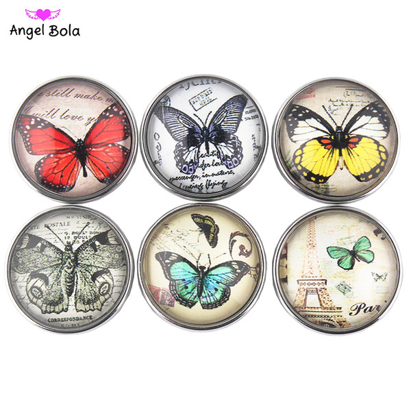 Snaps Button Jewelry Hot wholesale 50pcs/lot Mix butterfly styles 20mm glass Metal Snap Button