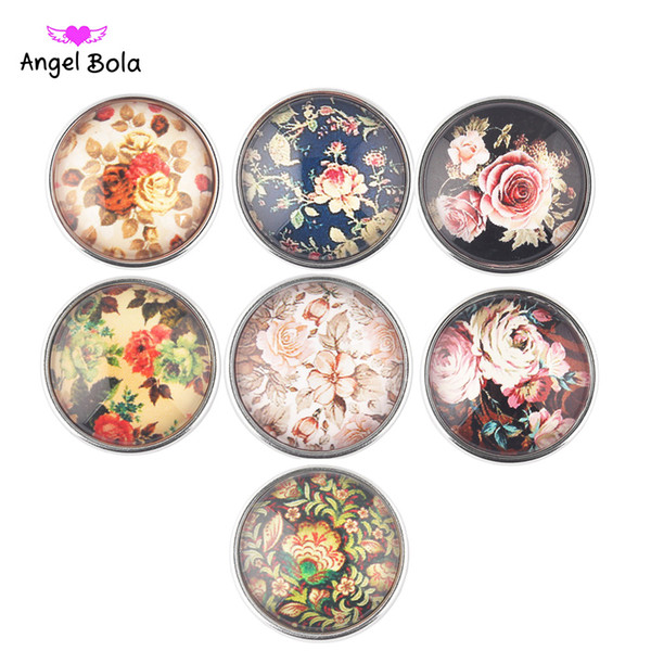 wholesale 20mm Mixed color colorful flowers Noosa chunk metal copper glass snaps buttons for snap bracelet DIY slingshot jewelry AB-024