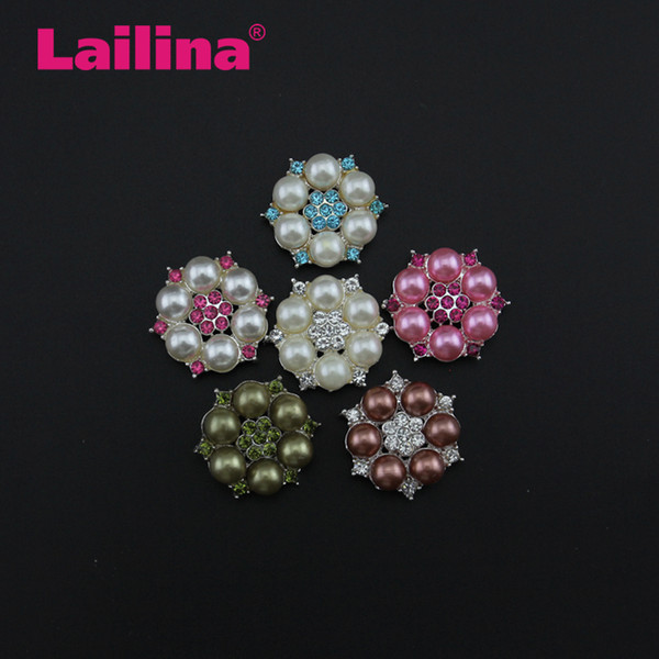 Wholesale Mix Color and Size Flower Shaped Metal Pearl Rhinestone Button for wedding invitation or Garment Decoration with Silver Plating