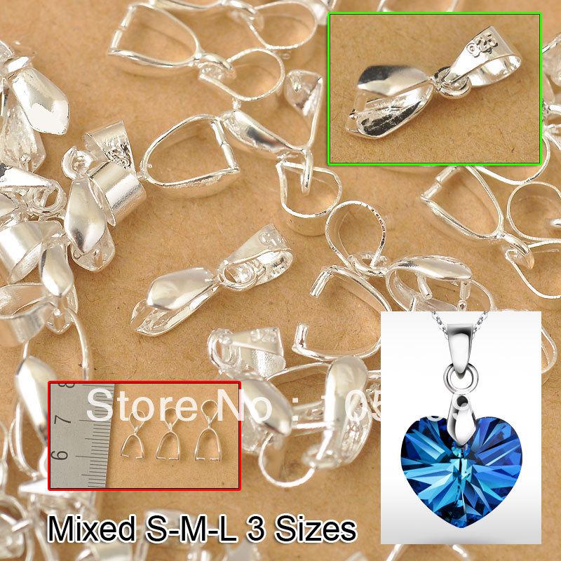 Wholesale-24Hours Free Shipping 120PCS Mix Size S-M-L Jewelry Findings Bail Connector Bale Pinch Clasp 925 Sterling Silver Pendant