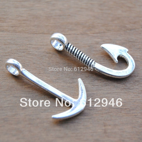 50 pcs (25pcs hook and 25pcs anchor) Antique Silver Anchor and Fish Hook Charm Pendant Assortment Set A517/A518