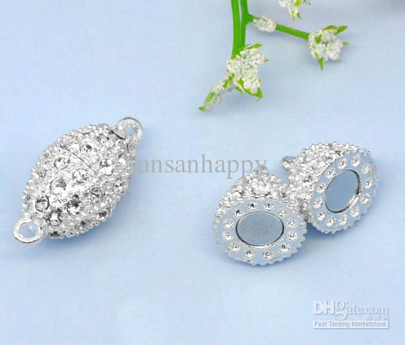 Magnetic clasps, oval, alloy, silver plated, with clear rhinestone, 24x12mm