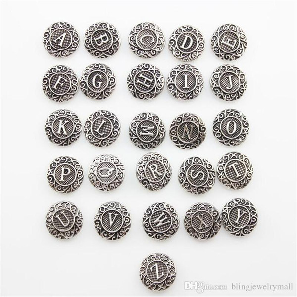 Snap Button Jewelry Antique Silver Button Snap Fit Snaps Button Bracelet Initial A-Z Alphabet Letter 18mm Mixture Wholesale ZA0026