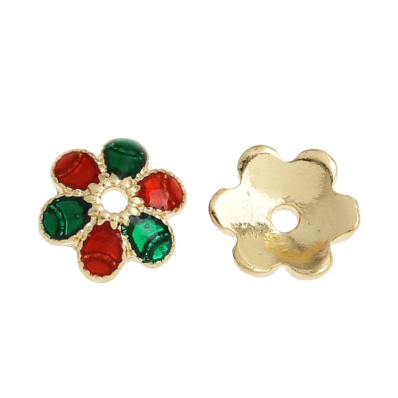 Wholesale-Free Shipping 20PCs Bead Caps Enamel Flower Red+Green 10mm x9mm (Over $100 Free Express)