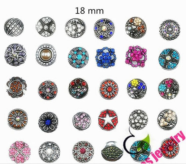 High quality Mix Many styles 18 mm Metal NOOSA Snap Button Charm Rhinestone Styles Button Ginger Snaps Jewelry 100PCS/FF