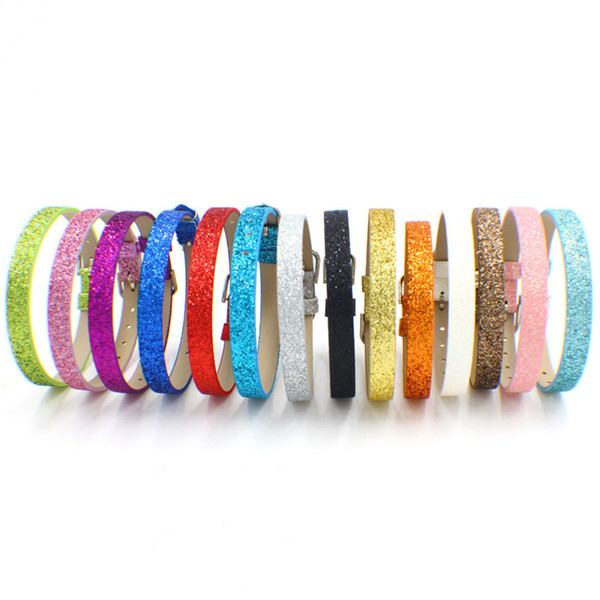 Bling Bling 100pcs/lot 8mm Mix Color Shining Powder PU Leather Wristband Bracelet Can Put 8mm Letters Charms on