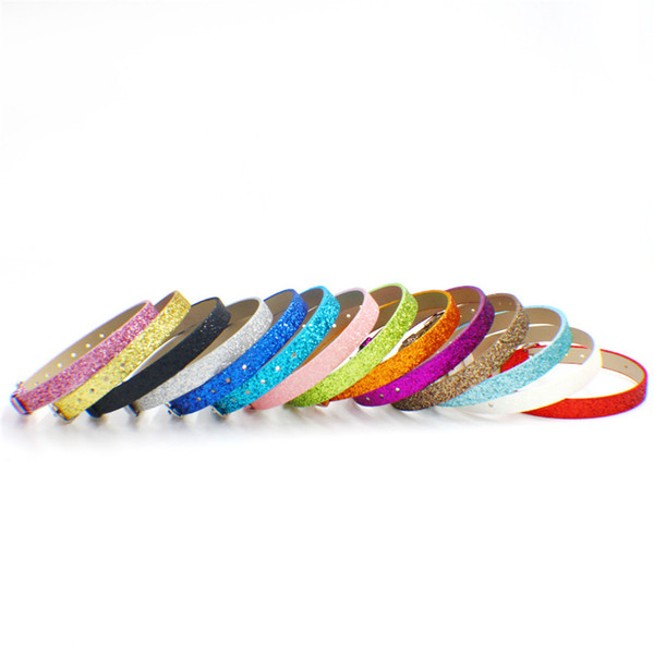 Bling Bling 100pcs/lot 8mm Mix Color Glitter Shining PU Leather Wristband Bracelet Can Put 8mm Letters Charms on