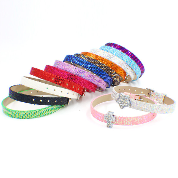 Bling Bling 100pcs 8mm Sequin PU Leather Wristband Bracelet Can Put 8mm Letters Charms on Jewelry Making