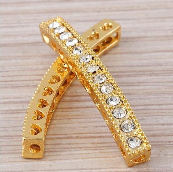 Gold Plated Curved Side Ways Crystal White Rhinestones Beads Bracelet Connector Jewelry Finding 39*4*4mm