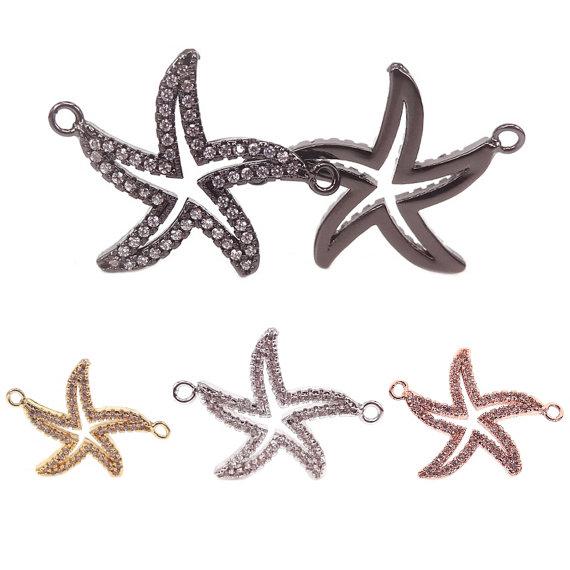 Copper Micro Pave Clear CZ starfish Connector For Bracelets Making,Gold RoseGold Silver Black Plated starfish Pendant Charms,Beach charms