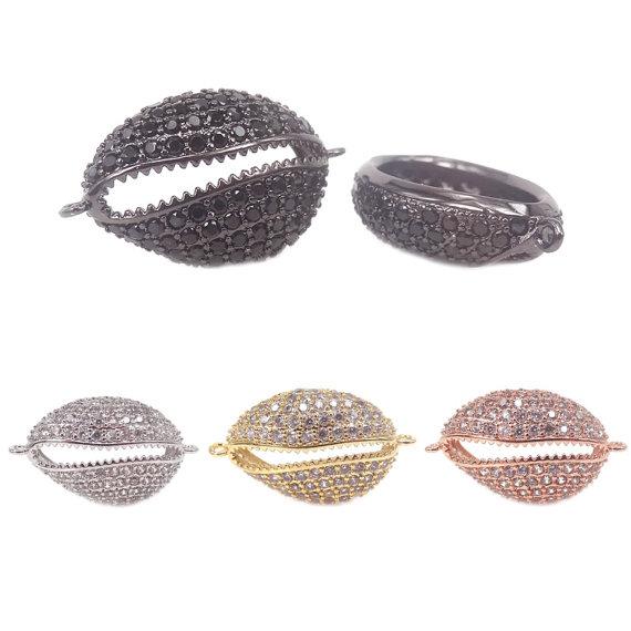 Micro pave Clear CZ Crystal Sea Cowrie Shell Connector,Gold/Silver/Black/RoseGold Cowrie Shell Beads For Bracelets Making,