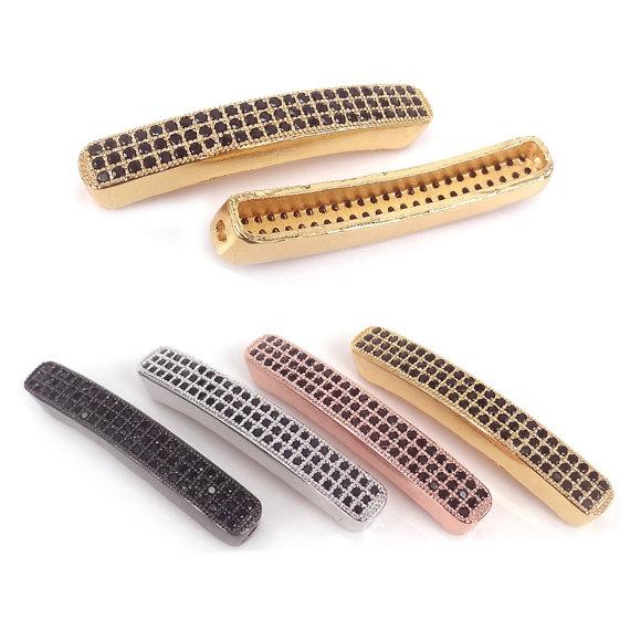 Micro Pave Black CZ Crystal Metal Tube Beads For Bracelets Jewelry Making,Gold RoseGold Silver Black Plated Curved Tube Beads,35x5mm