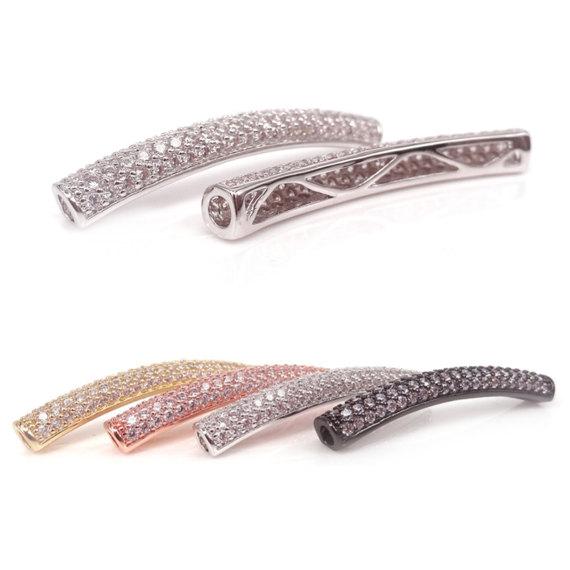 Mixed Plated Colors,Long Curved Tube Beads,Micro Pave White CZ Copper Tube Beads,Leather Bracelets Making Tube Spacer Beads,35x5mm