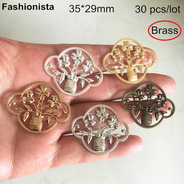 30 Pcs -35*29mm Brass Stamping Vase Charm Connector,Brass Filigree Flowers,DIY Crafts Jewelry Orante Findings,Gold,Silver,Bronze