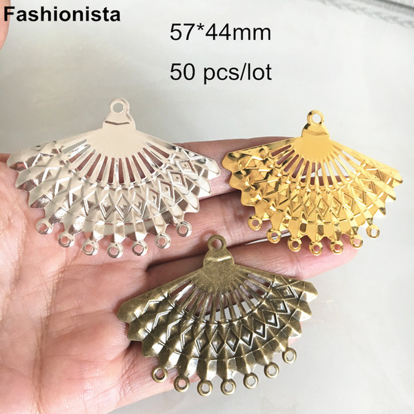 50 pcs Metal Stamping Fan Charm Connecors 57*44mm,Multi-loop Earrings Findings,Gold-color,Silver-color,Bronze,Filigree Link 1-7