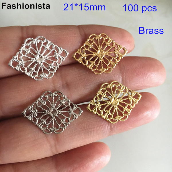 100 pcs Brass Filigree Jewelry Connectors 21*15mm Gold-color,Silver-color,Raw Brass,Steel Color,Rhombus Brass Connectors -HY