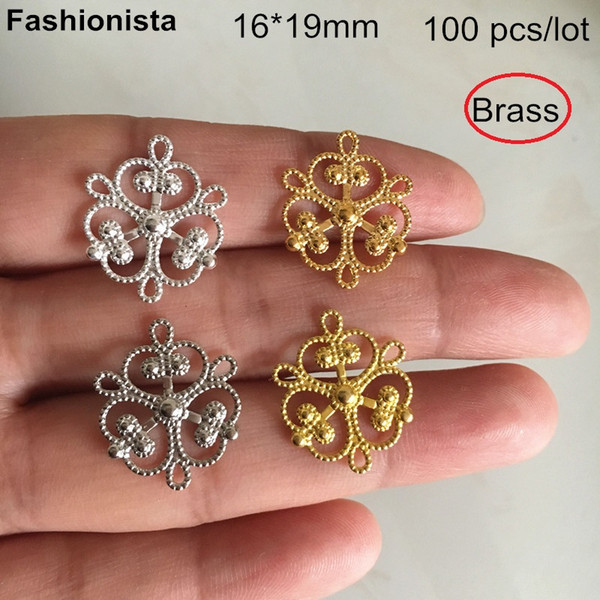 100 Pcs Small Ornate Raw Brass Stamping Connector Jewelry Finding Embellishment 16*19mm Brass Filigree Jewelry Connectors -HY