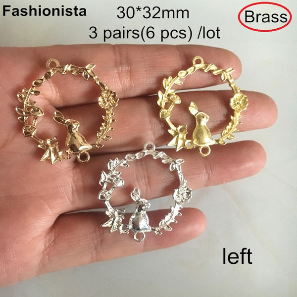 3 Pairs (6 pcs) Brass Rabbit sitting in Flower Ring,30*32mm Brass Casted Garland Charms With 2 Loop,Gold-color,Silver-color -HY