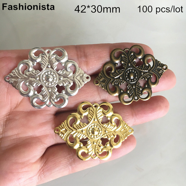 100 pcs 42*30mm Metal Filigree Flower Connectors,Gold-color,Silver-color,Bronze,Rhombus Scroll Flower Filigree Charm Connectors