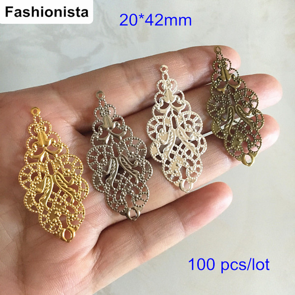 100 pcs Leaf Shape Filigree Connectors,20*42mm Metal Stamping Filigree Jewelry Connectors,Gold-color,Silver-color,Steel,Bronze