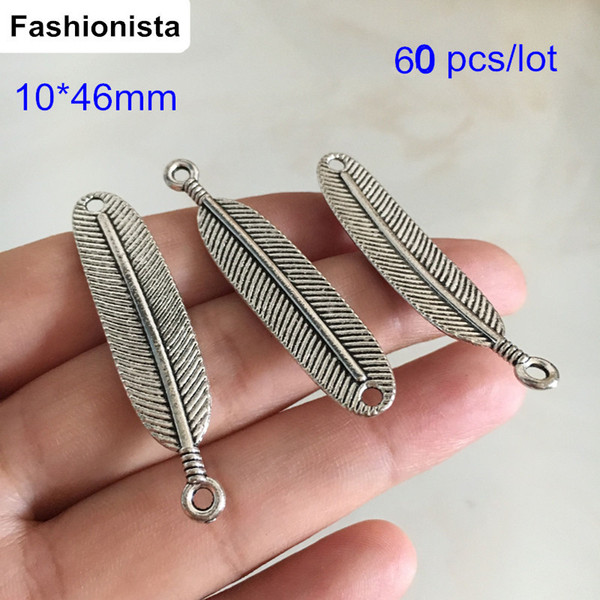 60 Pcs Antique Silver Finish Feather Charms Pendant Connector DIY Metal Bracelet Jewelry Findings 10*46mm Jewelry Connectors Link