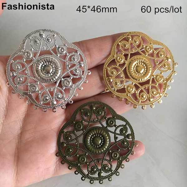 60 pcs Filigree Flower Charm Connectors,45*46mm,Multi-loop Jelelry Link,Gold-color,Silver-color,Bronze Color,DIY Jewelry Findings