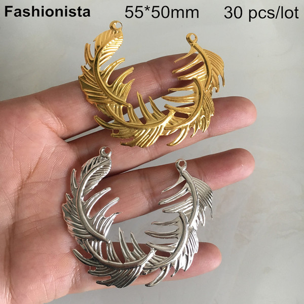 30 pcs Metal Stamping Feather Connectors 55*50mm,Gold-color / Silver-color,Large Leaf Connectors,DIY Jewelry & Crafts Supplies