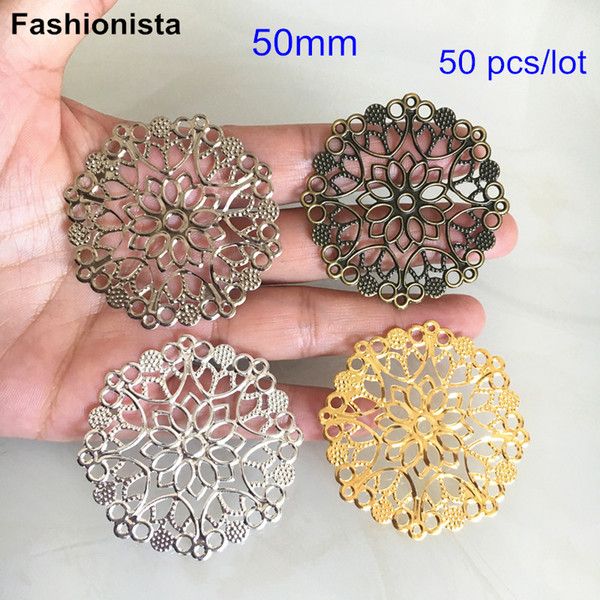 50 pcs Big Round Filigree Flower Charm Connectors,50mm Metal Stamping Crafts,DIY Jewelry Findings,4 Colors