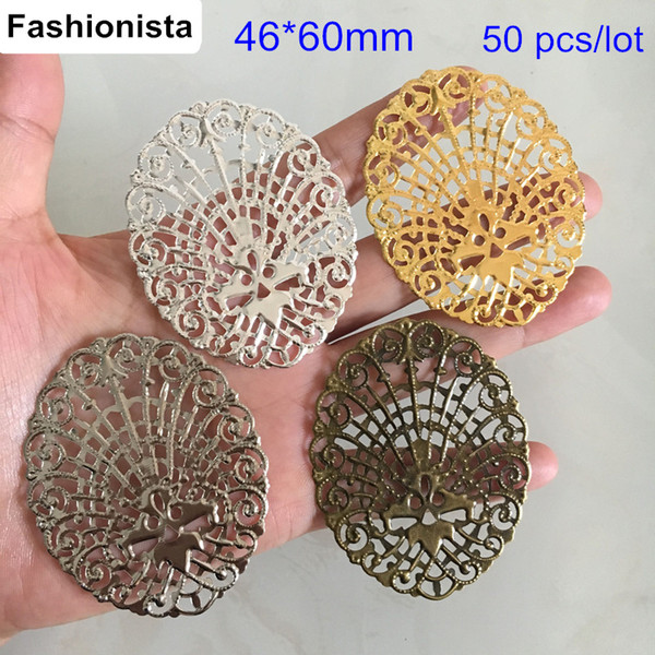 50 pcs Large Oval Metal Filigree Flowers 46*60mm Metal Stamping Scroll Flower Connector,Gold-color,Silver-color,Steel,Bronze