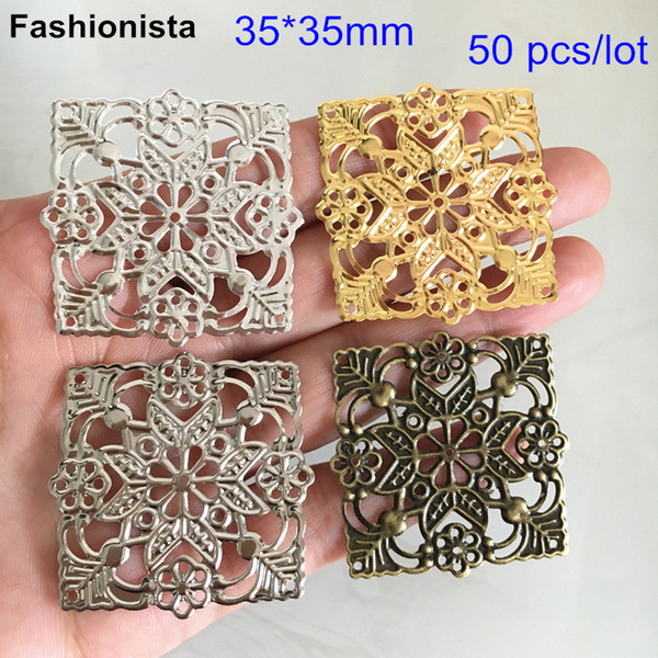 50 pcs Big Square Flower Pattern Metal Stamping Crafts 35*35mm Gold-color,Silver,Steel,Bronze,Scrapbook Embellishments DIY Jewelry Connector