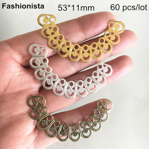 60 pcs Metal Stamping Crafted Filigree Connectors,53*11mm,Gold-color,Silver-color,Bronze,Jewelry Supplies,Moon Shape Jewelry Supplies