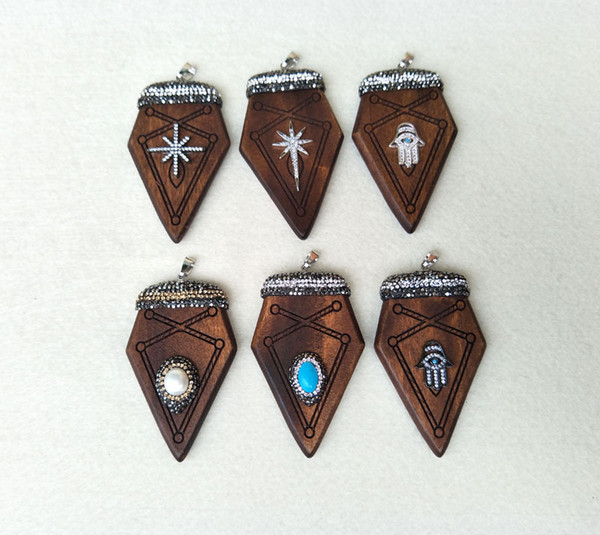 6 pcs Pearl crystal wood arrowhead Pendant,With Crystal rhinestone Zircon Paved Pendants ,For Jewelry Making PD545