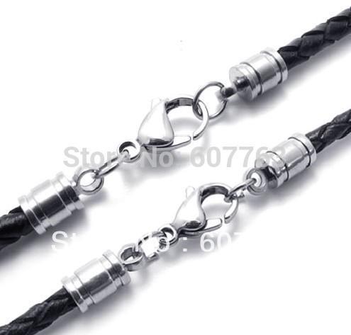 3mm,4mm Round Black Genuine Bradied Leather Cord Necklace with Stainless Steel Lobster Claw Clasps