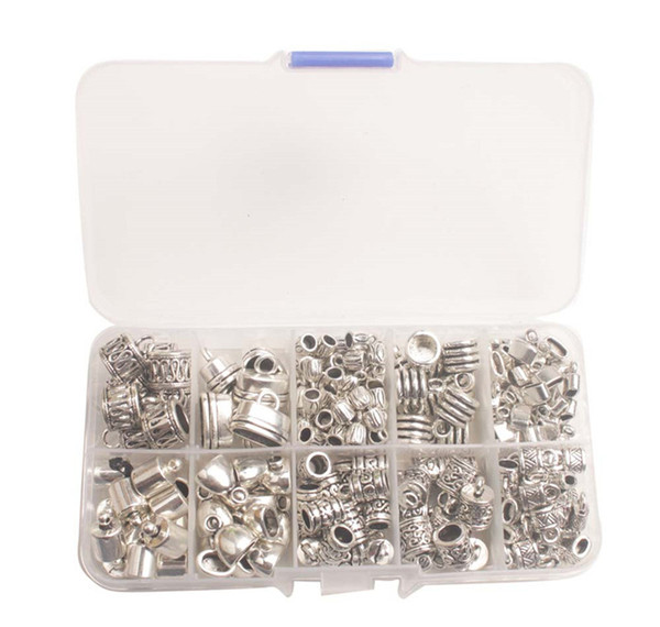 245PCS/BOX Antiqued Silver Metal Cord End Caps Beads W/Container (10 Styles)