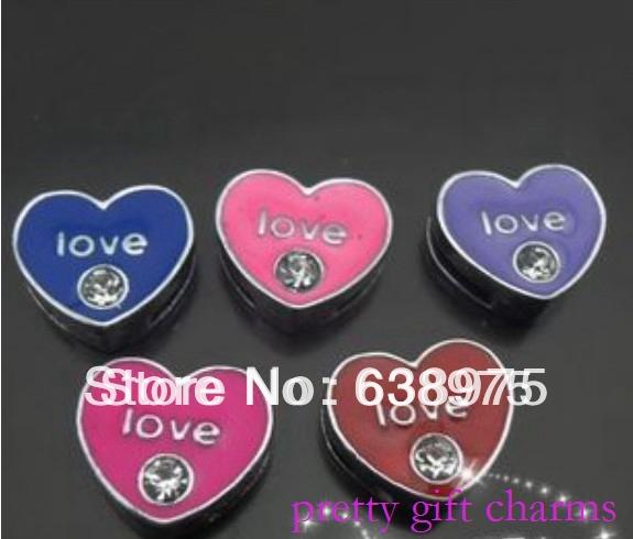 free shipping 50pcs-100pcs 8mm Mixed Color Heart Slide Charms DIY Accessory Fit 8mm Wristband