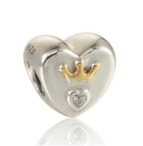 Light Yellow Gold Color Crown Heart Charm 925 Sterling Silver Zirconia Heart Jewelry Fit Pandora Bracelets Diy Making LW605