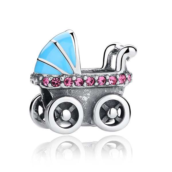 New Spring Collection 925 Sterling Silver Baby Stroller Blue Car Charms fit Bracelet DIY Accessories