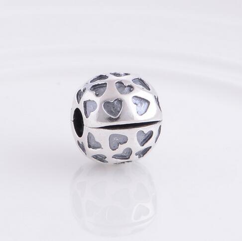 New 925 Sterling Silver Lock Clip Stopper Charm Beads Ball with Love Hearts, DIY Jewelry For Pandora Charm Bracelet KT069-N