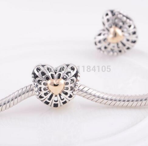 Openwork Heart Charm 925 Sterling Silver Light Yellow Gold Heart Beads Fits Pandora Charm Bracelet Women Jewelry Making LW403