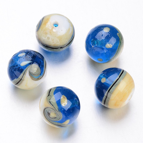 Ocean Style Round Handmade Lampwork Beads, RoyalBlue & Beige, about 14mm, Hole: 2mm; about 12pcs/box