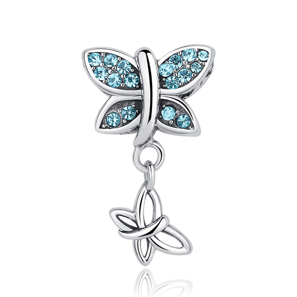 Spring Collection 925 Sterling Silver Blue Crystals Butterfly Pendants Charm fit Bracelets