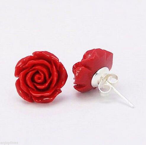 Venta caliente nueva-envío libre rojo coral Rosa flor plata esterlina 925 Pendientes de broche