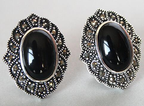 De venta caliente nuevo VINTAGE Plata NATURAL JADE negro de marcasita, pendientes de