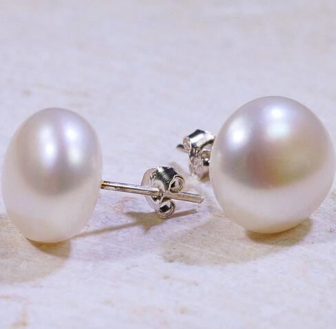 Hermosa 9-10mm blanco perlas de agua dulce Natural, pendientes de plata