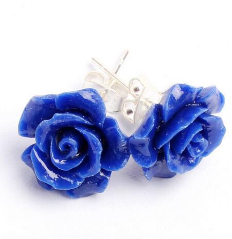 Señora 12mm Lapis lazuli tallada Rosa Flor de Plata de Ley pendientes elegantes