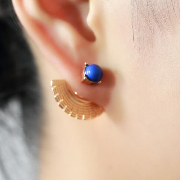 New Geometric Sector Stud Earrings Green/Blue Stone Enthic Tibetan Ear Jacket Women Back Cuff Piercing Earing Koyle