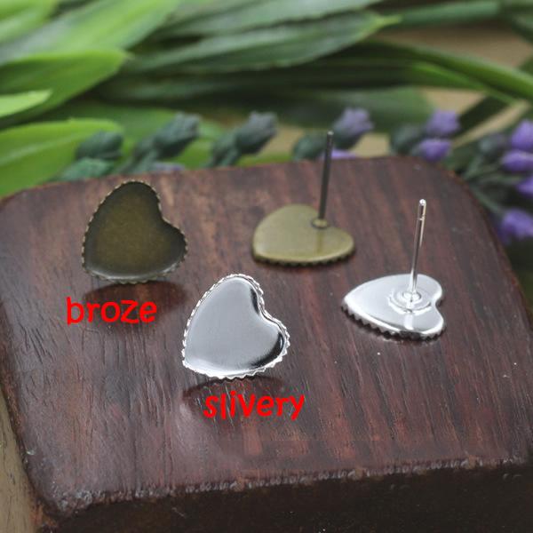 10/12mm Stud Earrings Pins base Connector plate tray Back Stoppers clip Jewelry Making DIY Accessories heart slivery/bronze